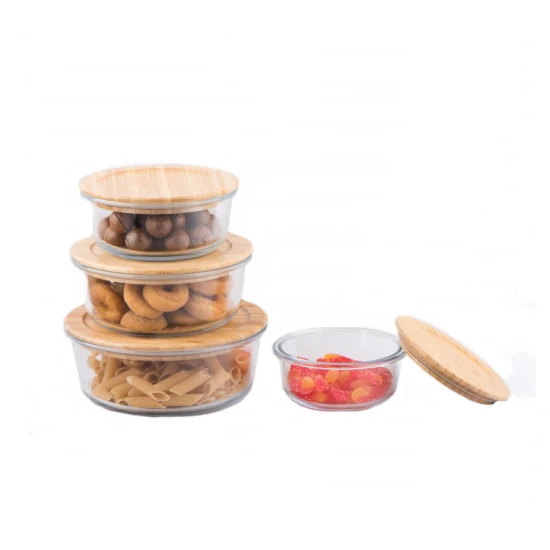 Scatola rotonda per la conservazione degli alimenti in vetro/contenitore per alimenti/portapranzo con coperchio in bambù